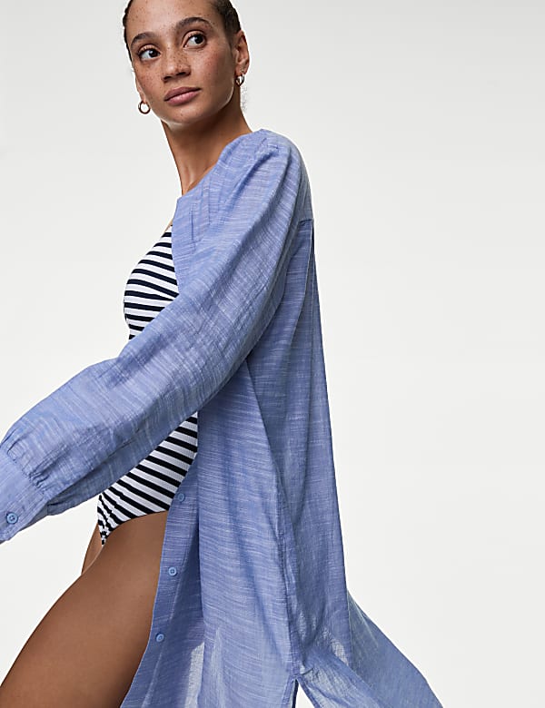 Pure Cotton Collarless Longline Beach Shirt - TW