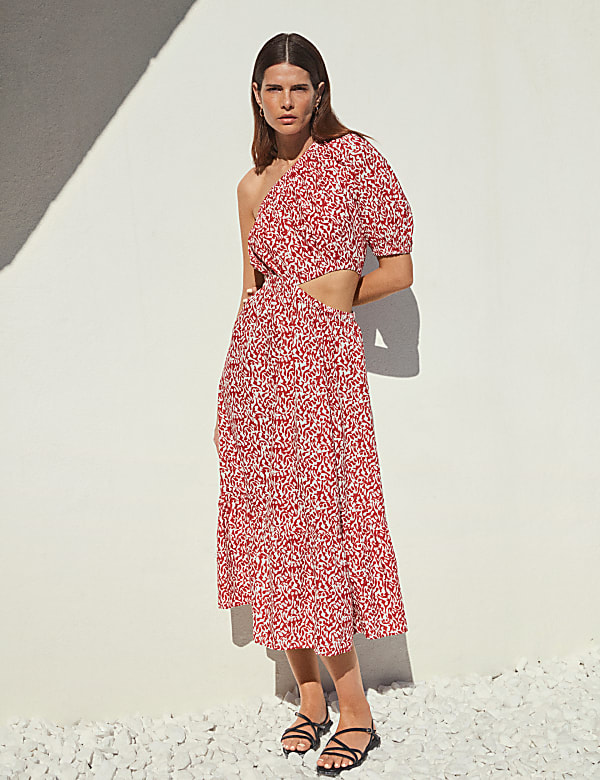 Pure Cotton Printed One Shoulder Beach Dress DARK RED MIX Dresses M S NL