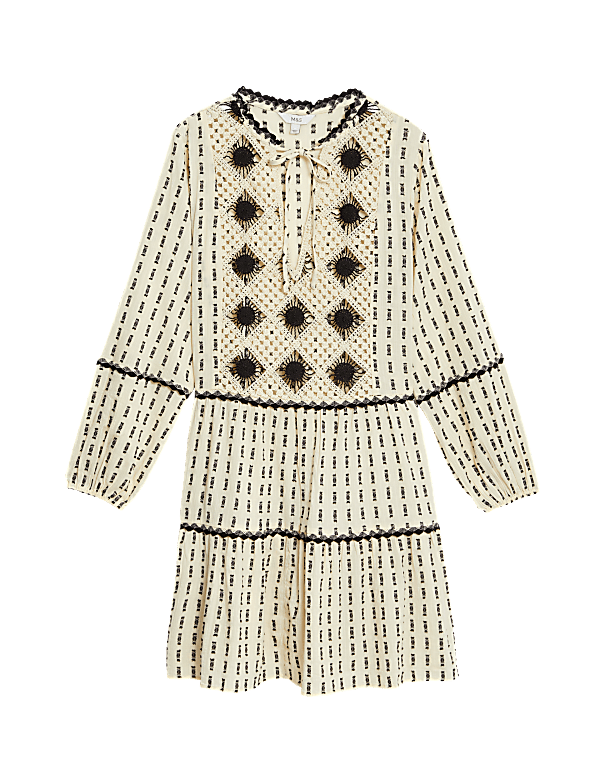 Cotton Rich Textured Tie Neck Mini Dress