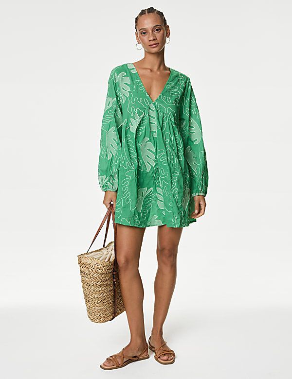Pure Cotton Embroidered V Neck Mini Beach Dress
