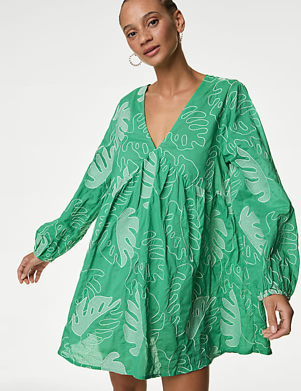 Pure Cotton Embroidered V-Neck Mini Beach Dress