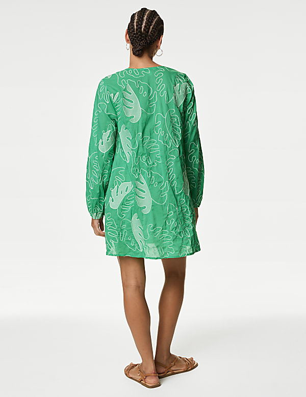 Pure Cotton Embroidered V-Neck Mini Beach Dress