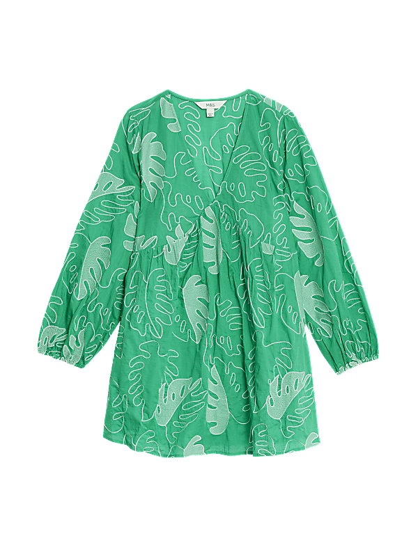 Pure Cotton Embroidered V-Neck Mini Beach Dress
