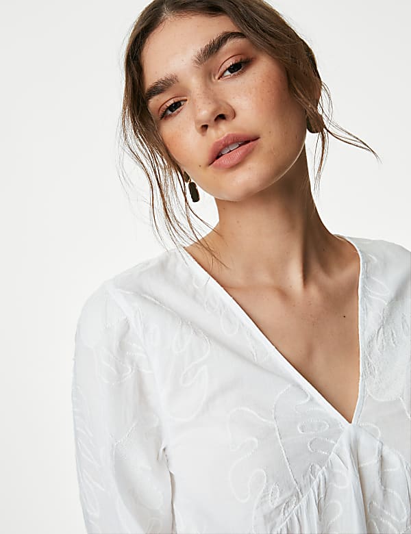 Pure Cotton Embroidered V-Neck Mini Beach Dress