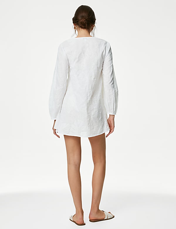 Pure Cotton Embroidered V-Neck Mini Beach Dress
