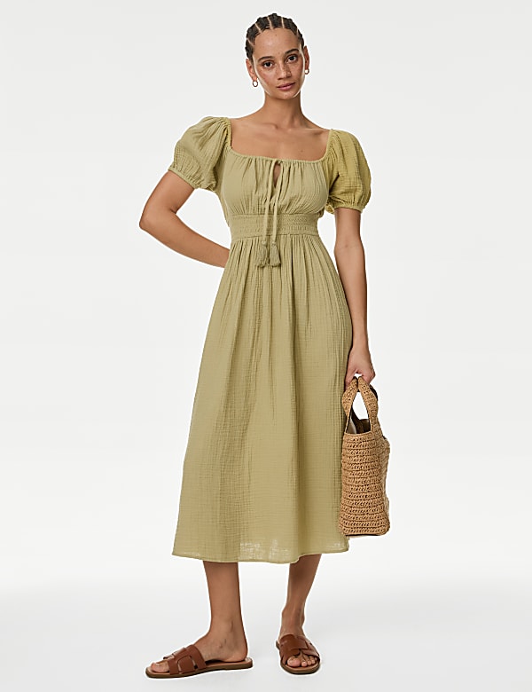 Pure Cotton Square Neck Midi Beach Dress - EE