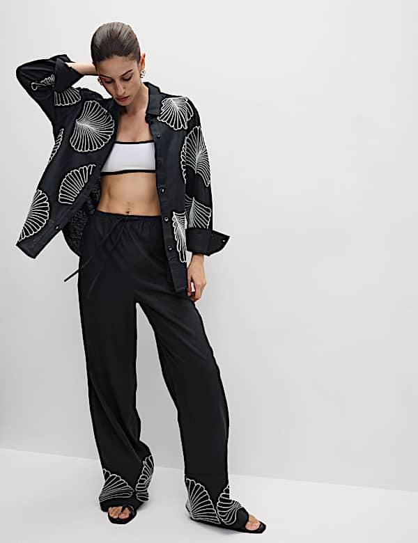 Linen Rich Embroidered Collared Relaxed Shirt