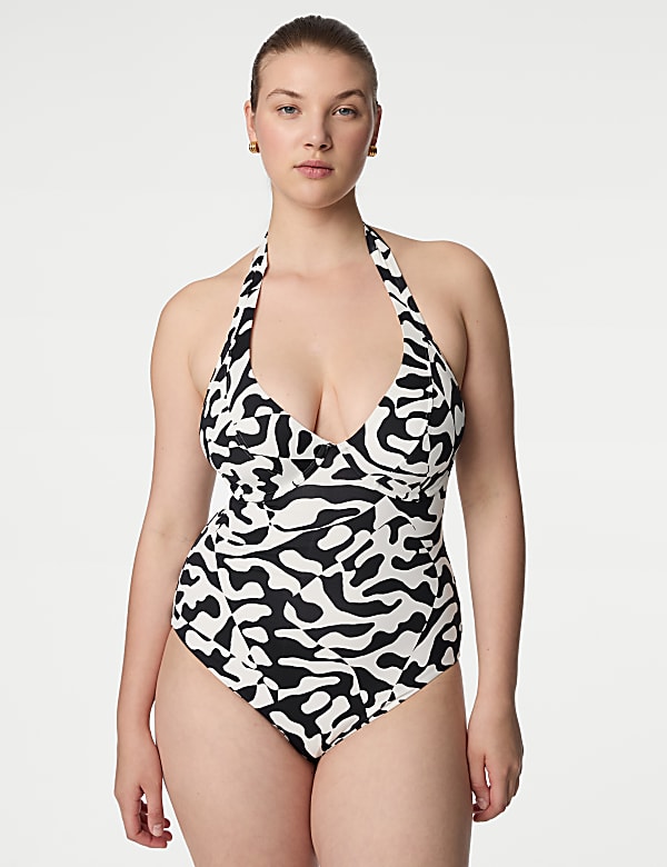 Tummy Control Printed Wired Plunge Swimsuit D-GG - HK