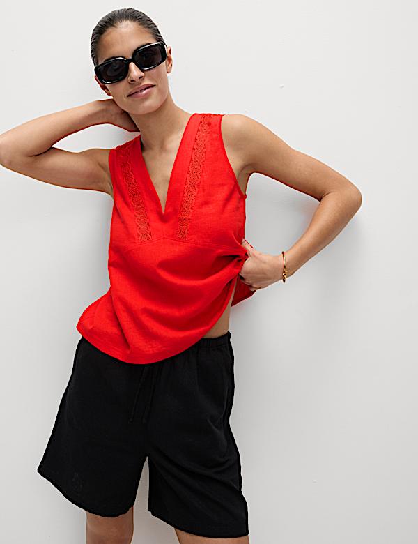 Linen Rich V-Neck Lace Insert Top