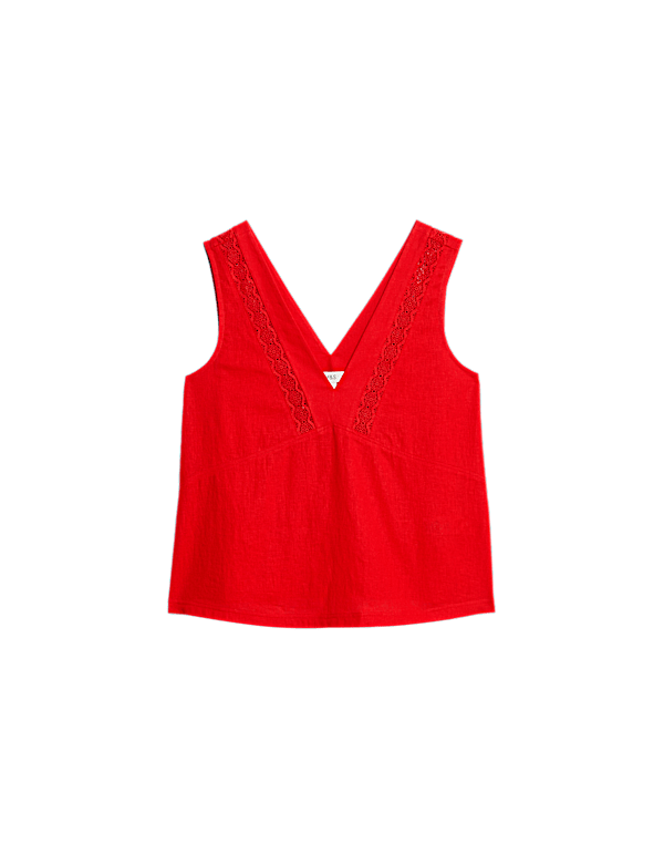 Linen Rich V-Neck Lace Insert Top