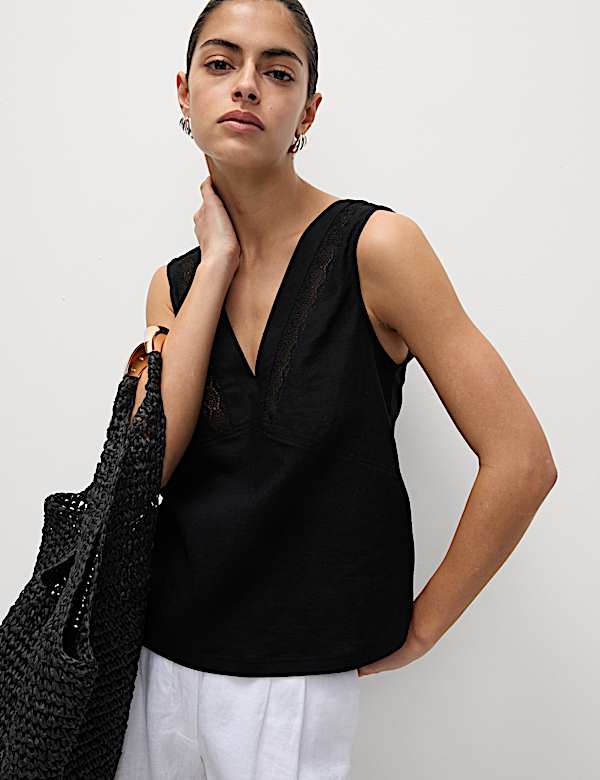 Linen Rich V-Neck Lace Insert Top