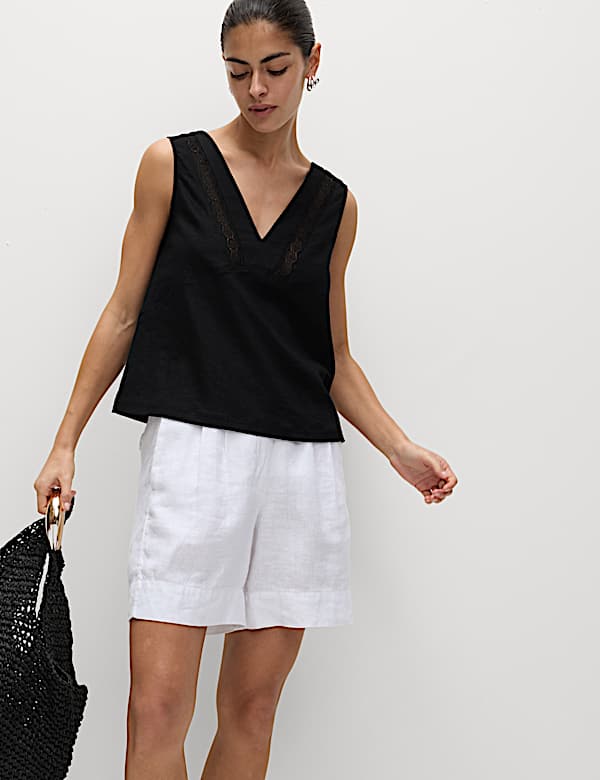 Linen Rich V-Neck Lace Insert Top