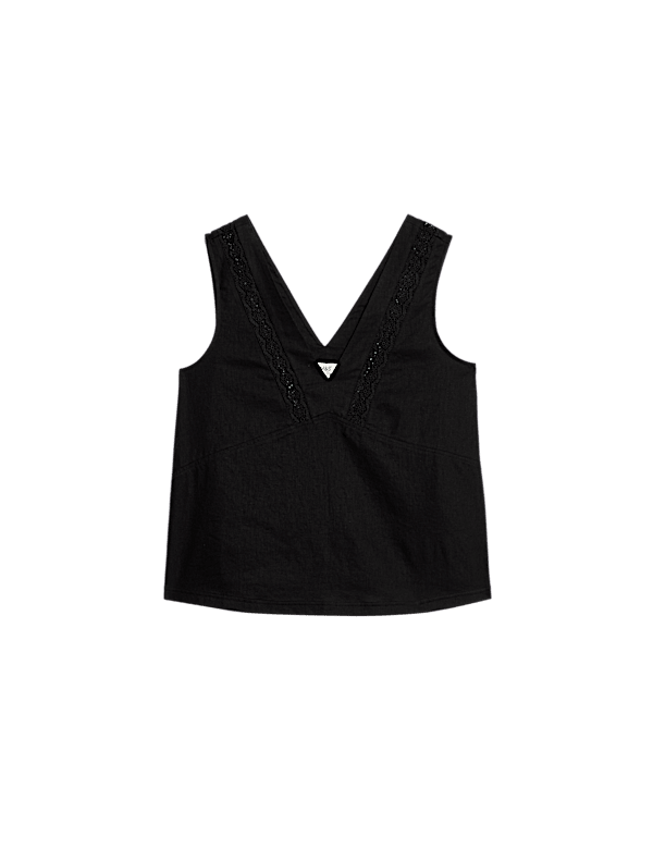 Linen Rich V-Neck Lace Insert Top