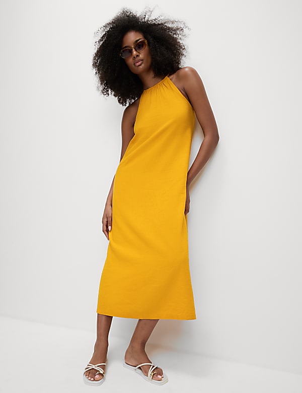 שמלת סווינג באורך מידקסי מבד עשיר בפשתן עם צווארון קולר - IL