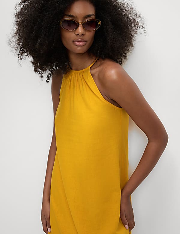 שמלת סווינג באורך מידקסי מבד עשיר בפשתן עם צווארון קולר - IL