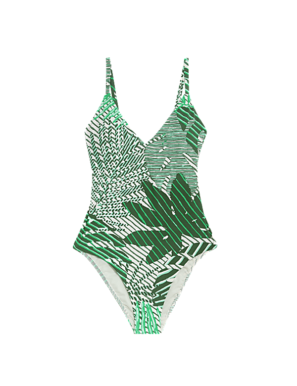 Tummy Control Palm Print Plunge Swimsuit