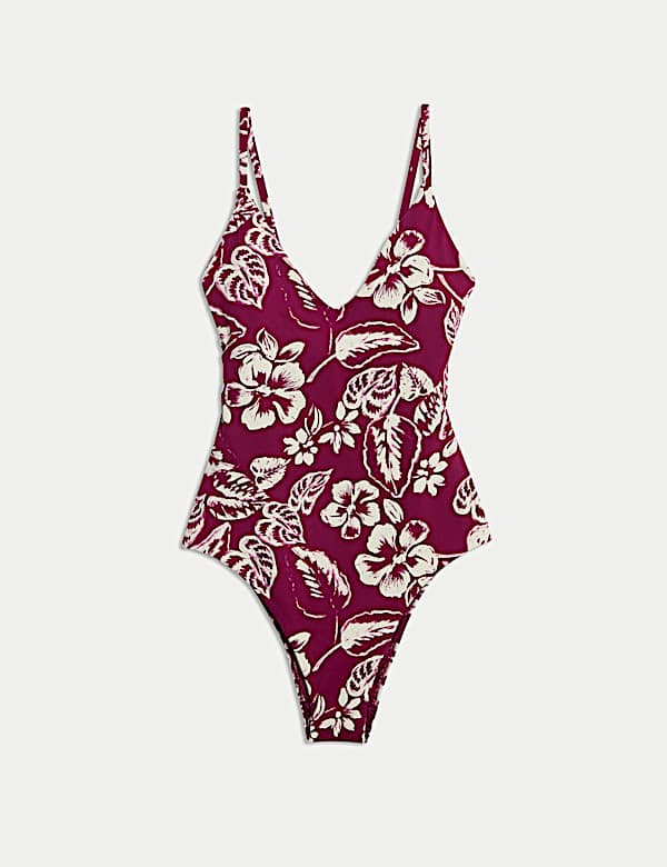 Tummy Control Palm Print Plunge Swimsuit - HR