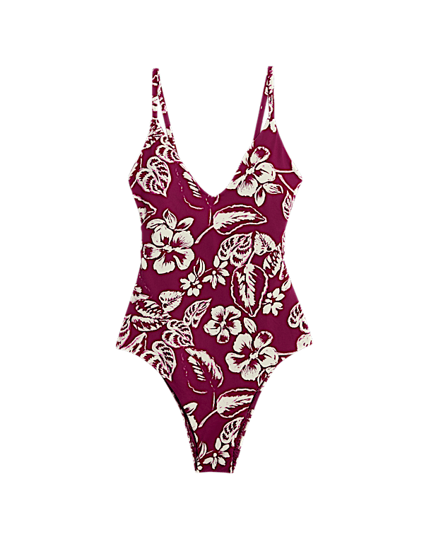 Tummy Control Palm Print Plunge Swimsuit