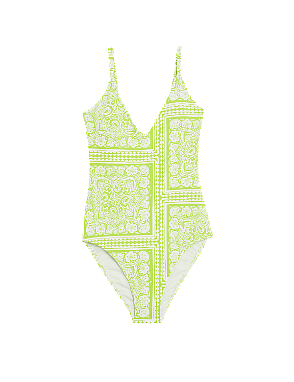 Tummy Control Palm Print Plunge Swimsuit