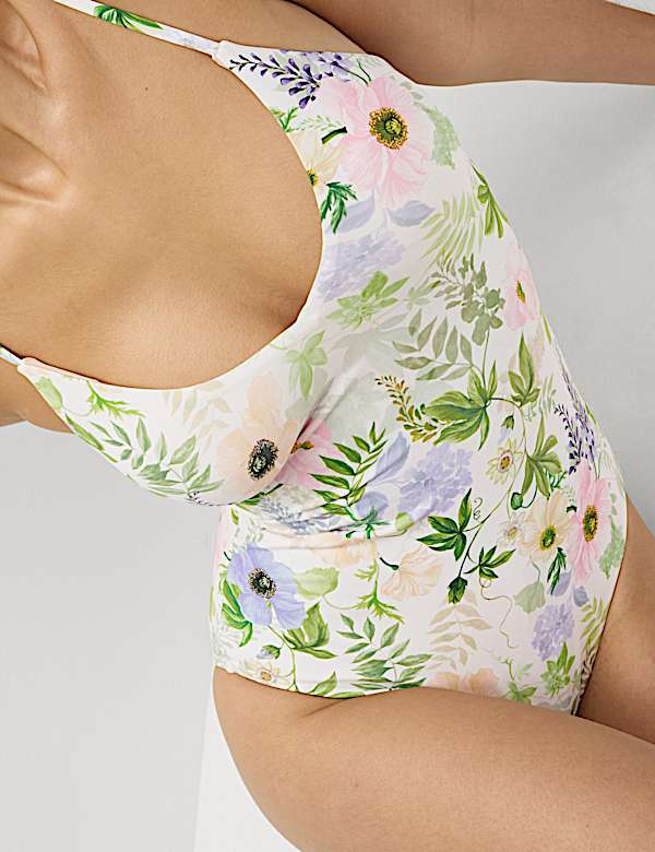 Tummy Control Palm Print Plunge Swimsuit