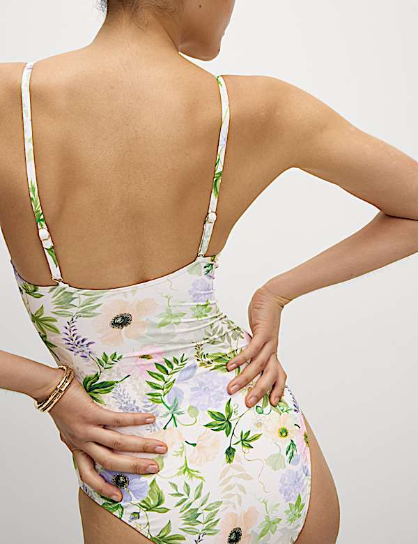 Tummy Control Palm Print Plunge Swimsuit
