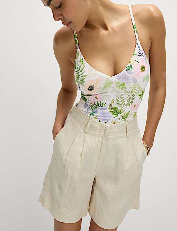 Tummy Control Palm Print Plunge Swimsuit