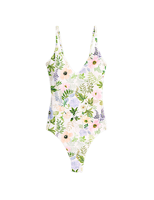 Tummy Control Palm Print Plunge Swimsuit