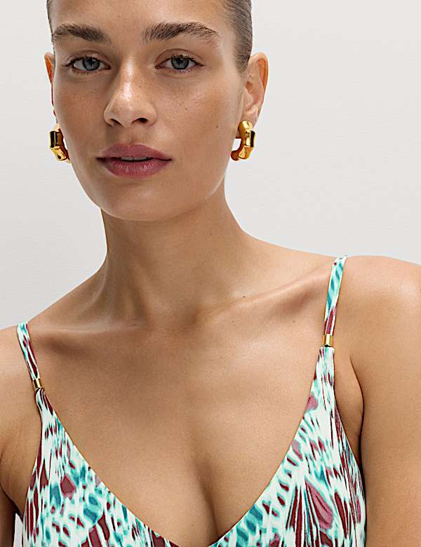 Printed Trim Detail V-Neck Plunge Swimsuit - NL