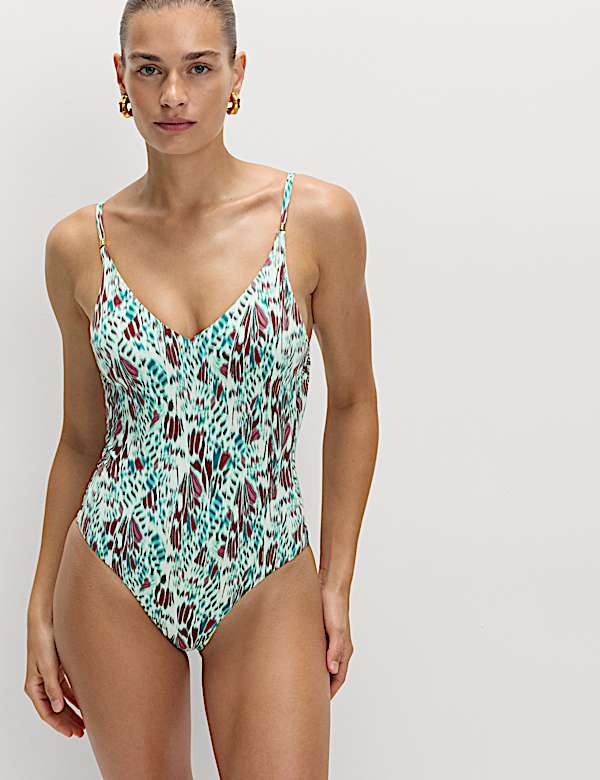 Printed Trim Detail V-Neck Plunge Swimsuit - NL