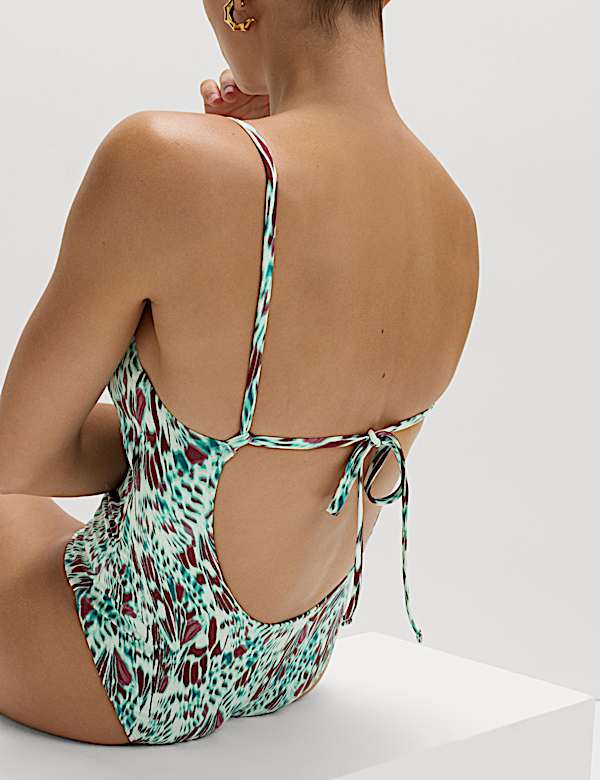 Printed Trim Detail V-Neck Plunge Swimsuit - NL