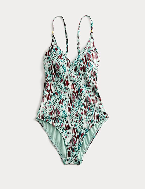 Printed Trim Detail V-Neck Plunge Swimsuit - NL