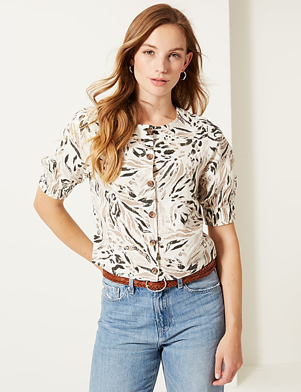 Linen Rich Animal Print Button Front Blouse