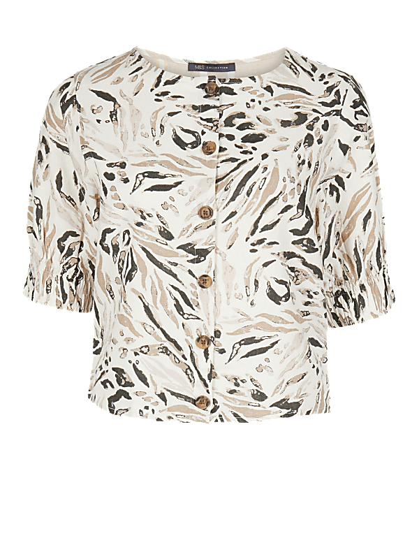 Linen Rich Animal Print Button Front Blouse