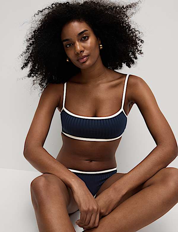 Ribbed Contrast Tipping Scoop Neck Bikini Top - IS