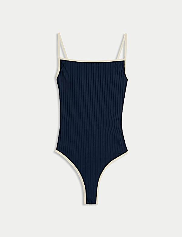 Ribbed Tipped Detail Square Neck Swimsuit - BE