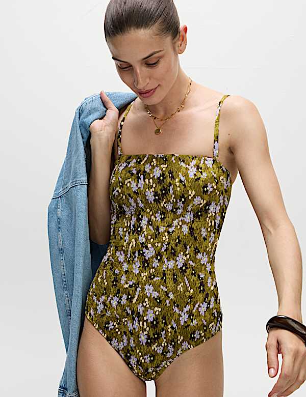 Maillot de bain bandeau à motif fleuri et détail froncé - LU