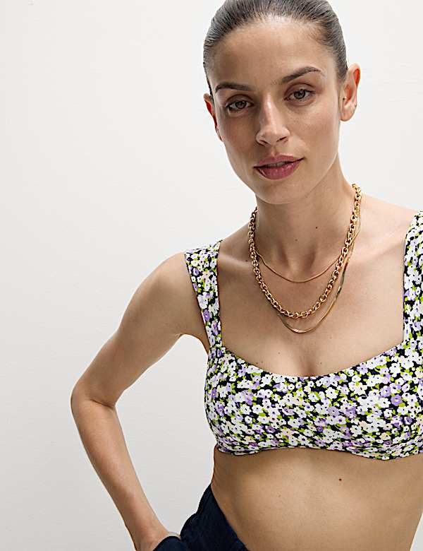 Floral Padded Sweetheart Neck Bikini Top - JE