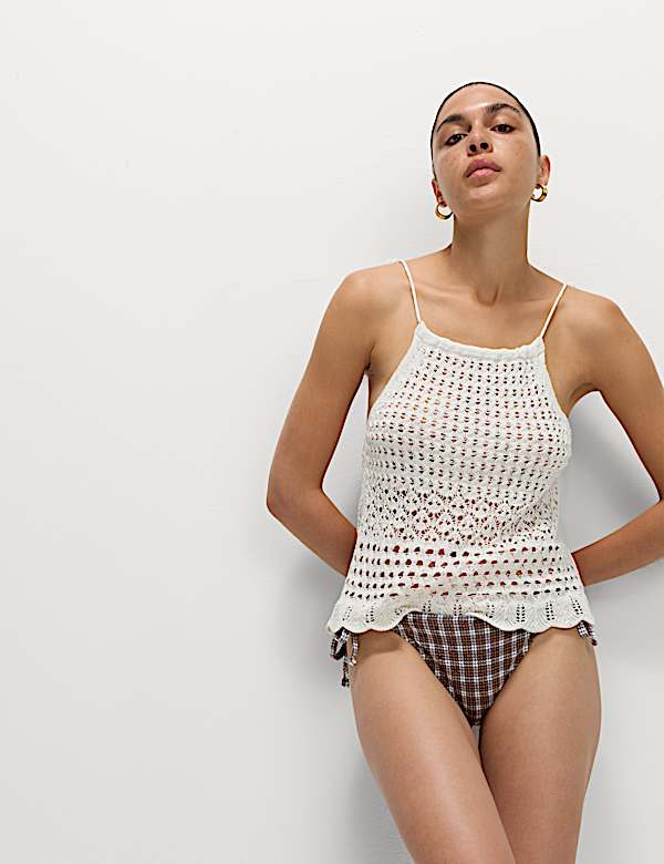 Textured Checked Tie Side Bikini Bottoms - LU