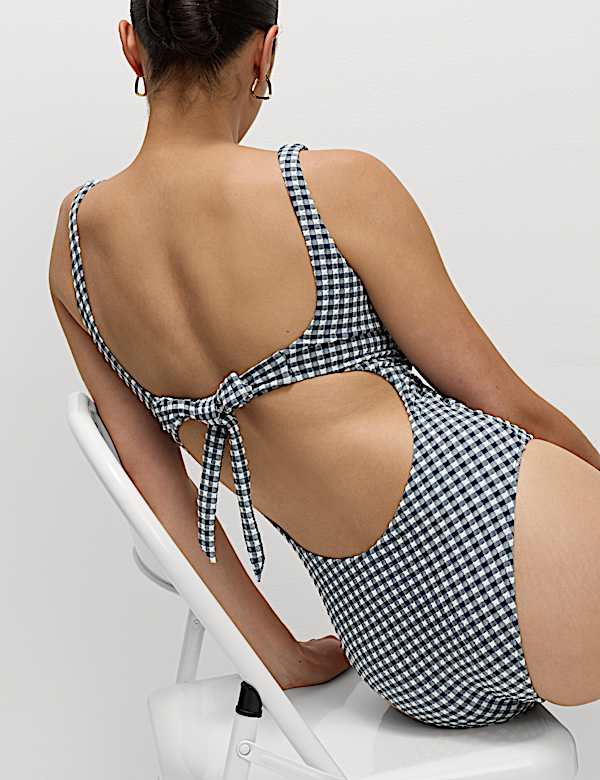 Gingham Textured Tie Back Plunge Swimsuit