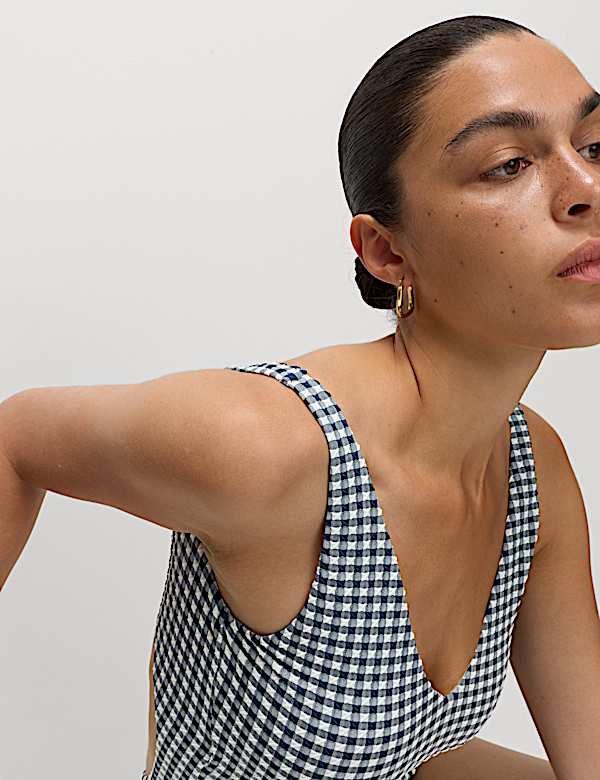 Gingham Textured Tie Back Plunge Swimsuit