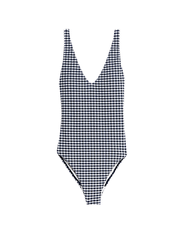 Gingham Textured Tie Back Plunge Swimsuit