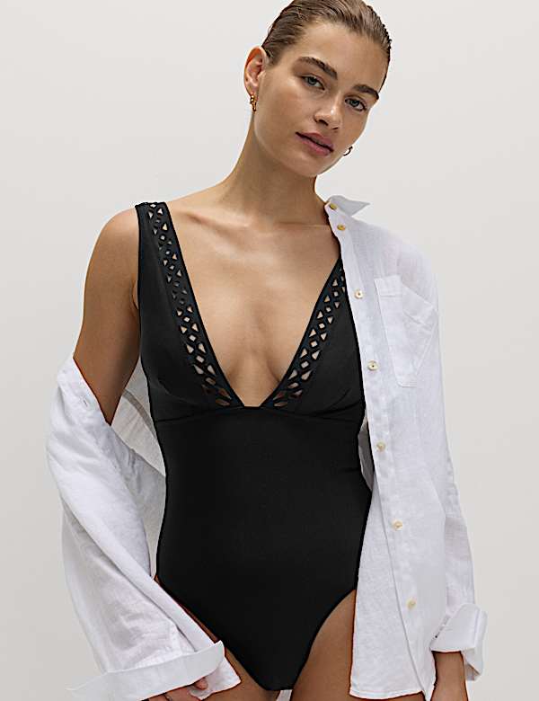 Maillot de bain plongeant sculptant à bordures en néoprène - LU