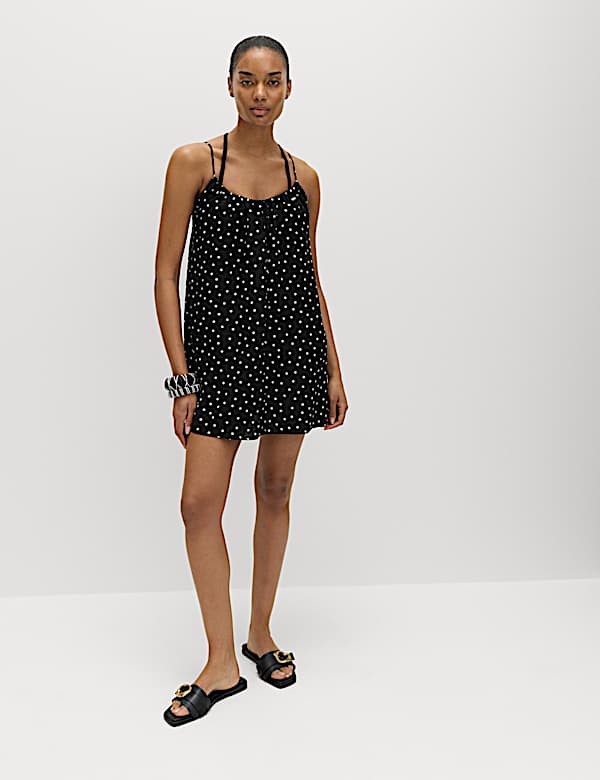 שמלת סליפ באורך מיני עם כתפיות קשירה קדמית והדפס - IL