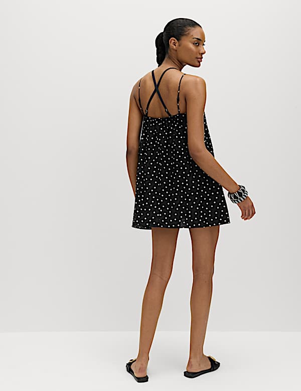 שמלת סליפ באורך מיני עם כתפיות קשירה קדמית והדפס - IL