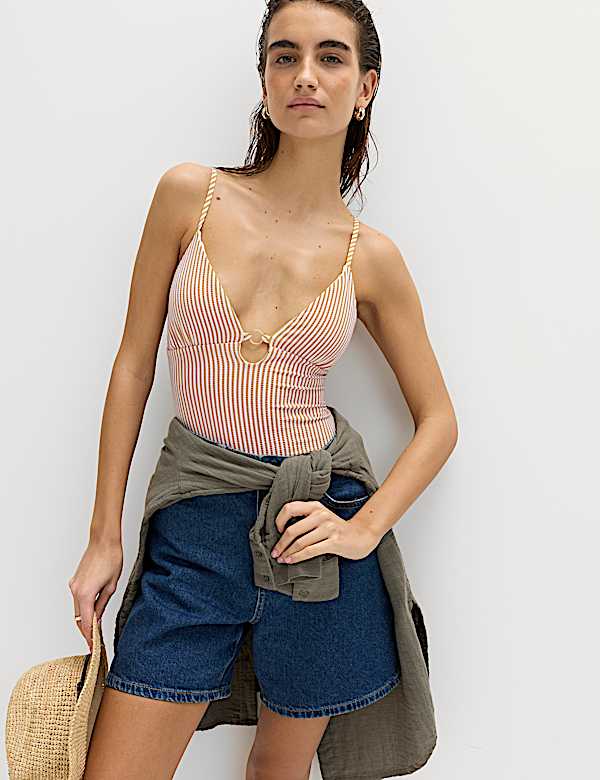 Striped Textured Ring Detail Plunge Swimsuit - KG