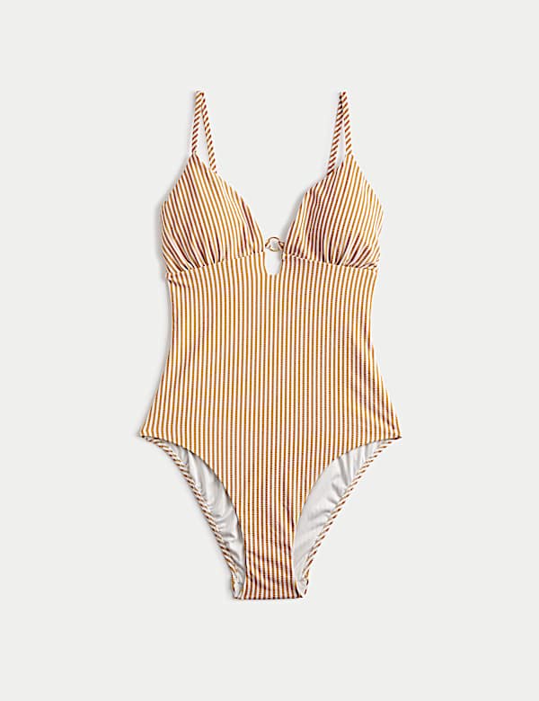 Striped Textured Ring Detail Plunge Swimsuit - GR
