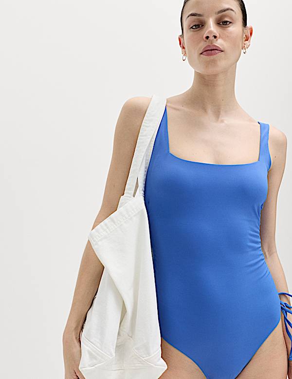 Padded Drawstring Side Square Neck Swimsuit - LT