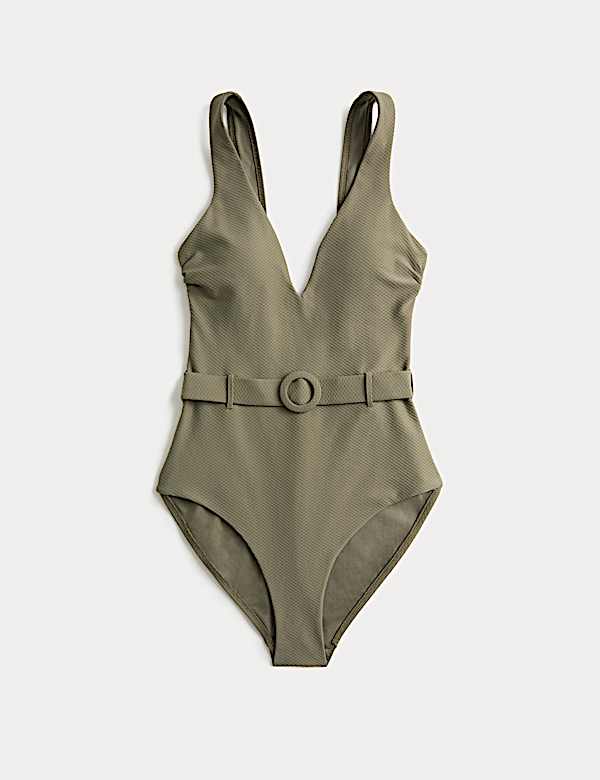 Strukturierter Badeanzug im Plunge-Stil mit G&uuml;rtel - AT