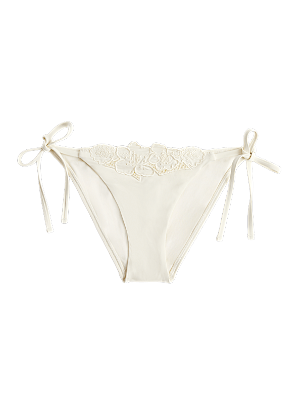 Floral Embroidered Tie Side Bikini Bottoms
