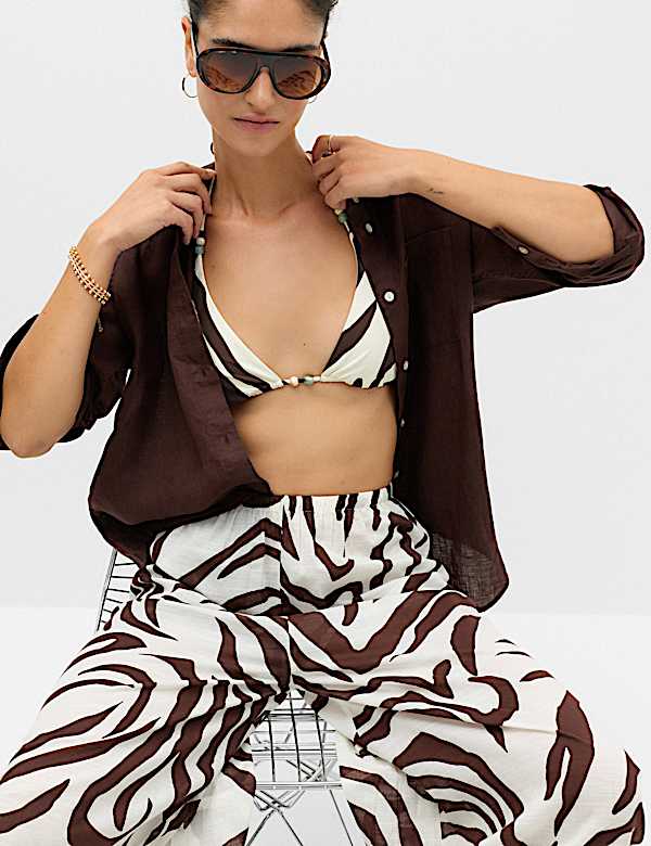 Animal Print Padded Trim Detail Triangle Bikini Top - CN